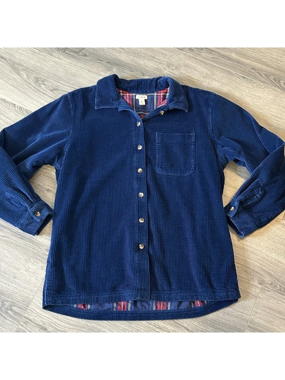 L.L. Bean Jacket Womens M Blue Corduroy Plaid Flannel Lined Shirt Jacket Shacket